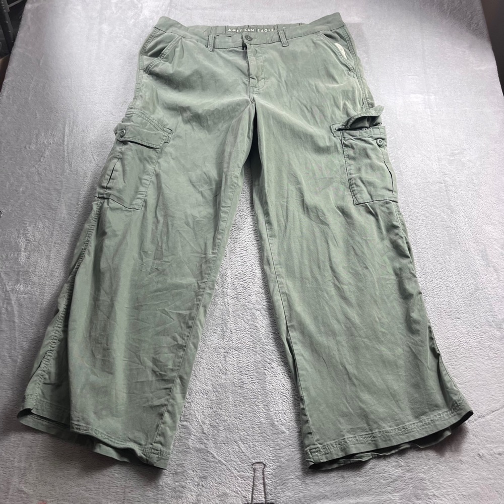 American Eagle Cargo Pants Womens 18 Green Mid Rise Baggy Wide Leg Lyocell Blend